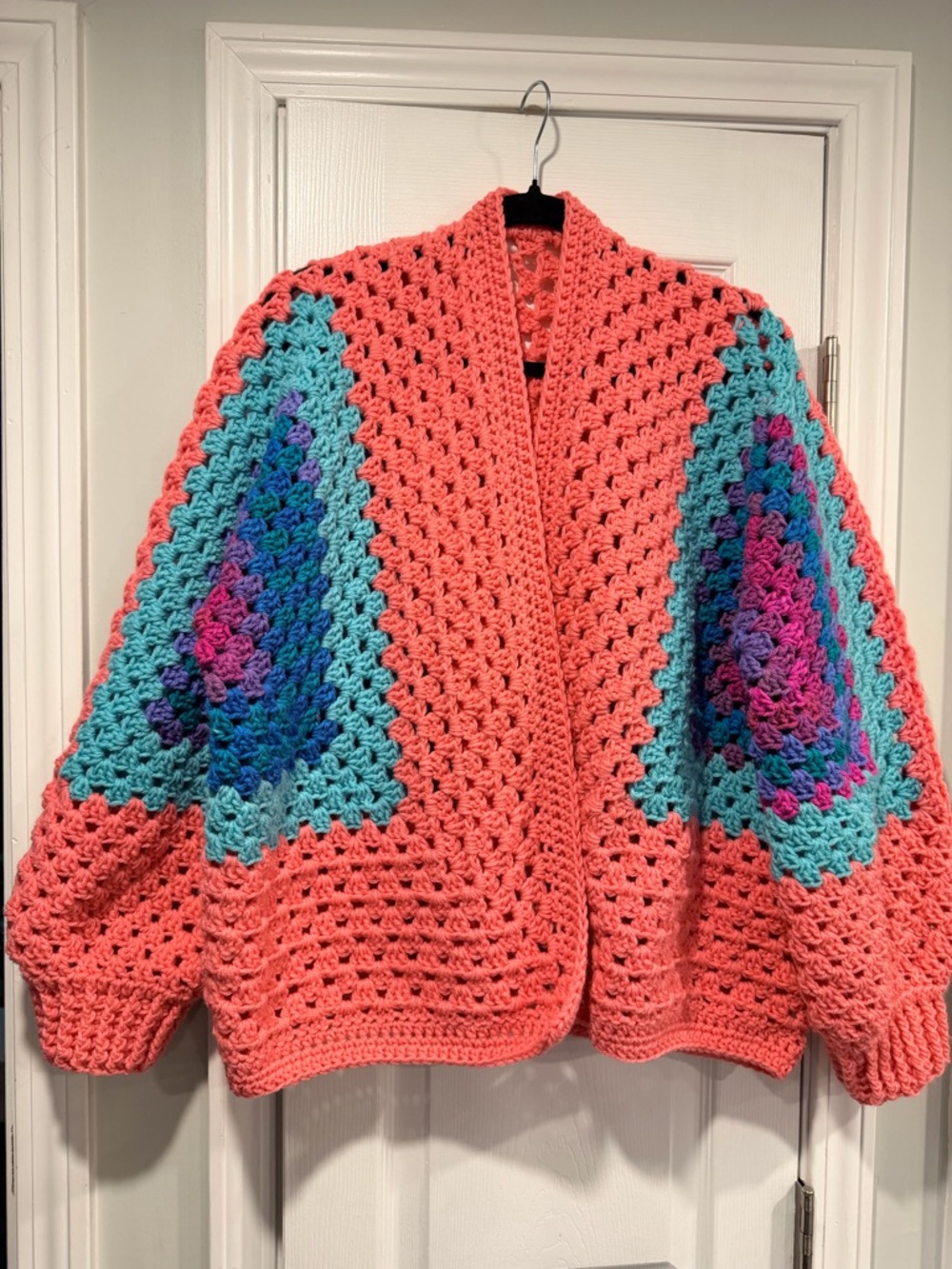 Handmade Crochet Granny Square One Size Cozy Cardigan Boho Chunky Knit Sweater - Picture 1 of 9